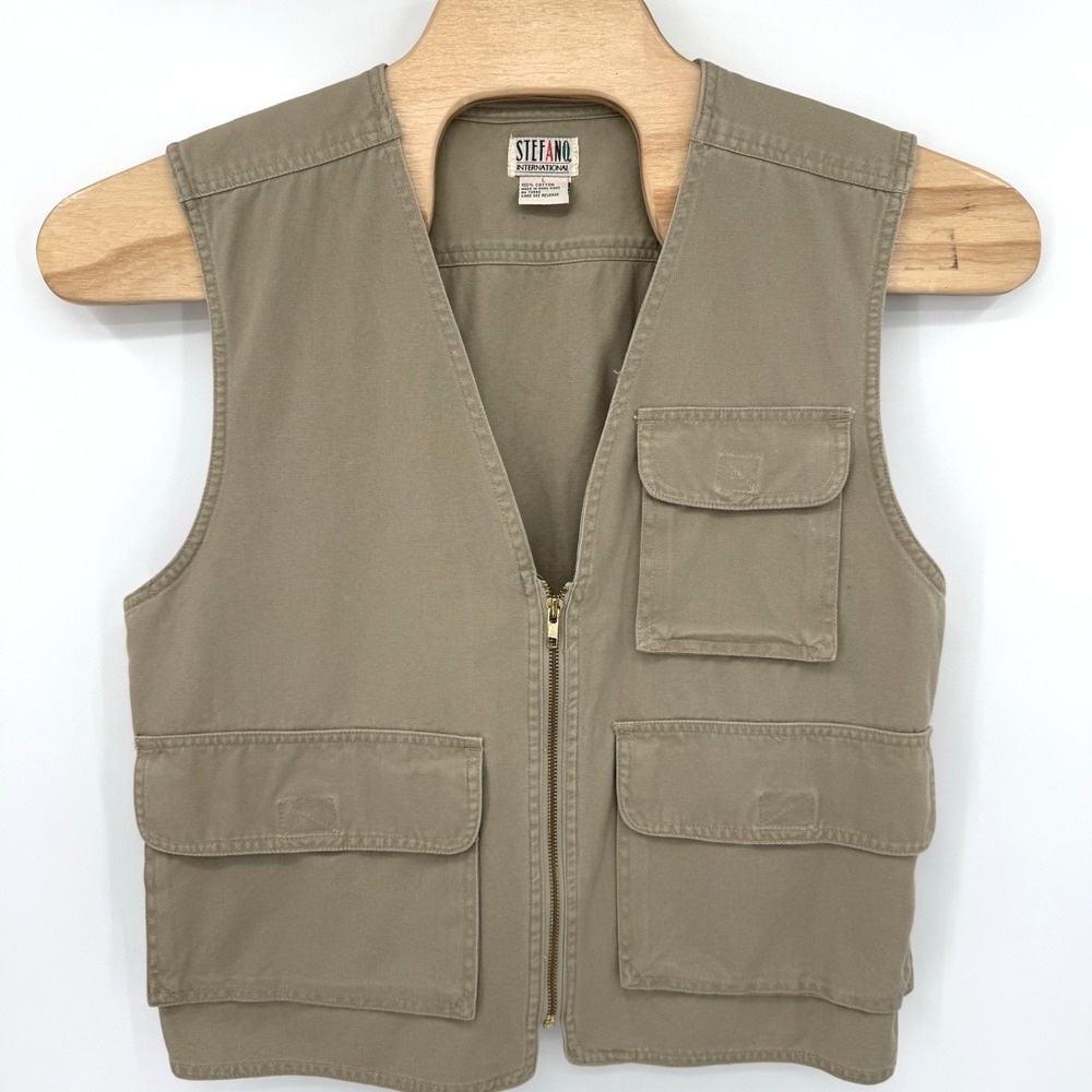 Stefano International Utility Vest Mens L Khaki Safari Gorpcore Cotton Zip Up
